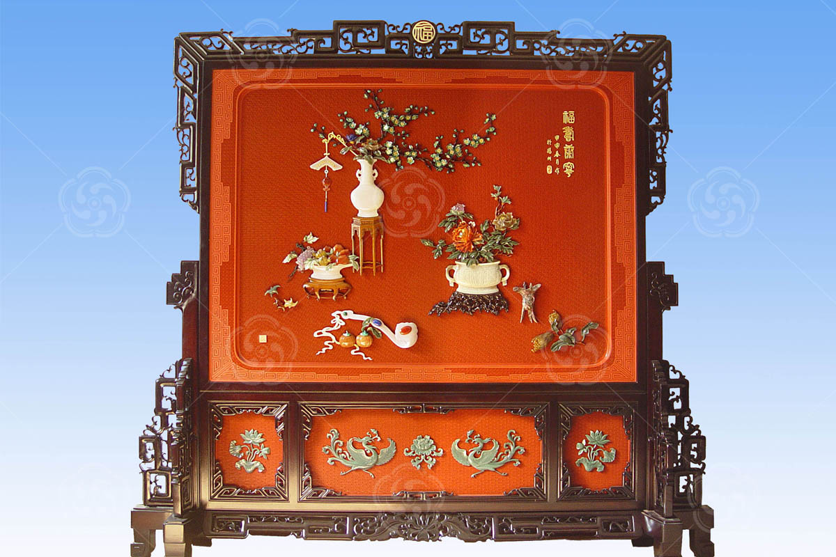 雕漆嵌玉玉堂富貴臺屏